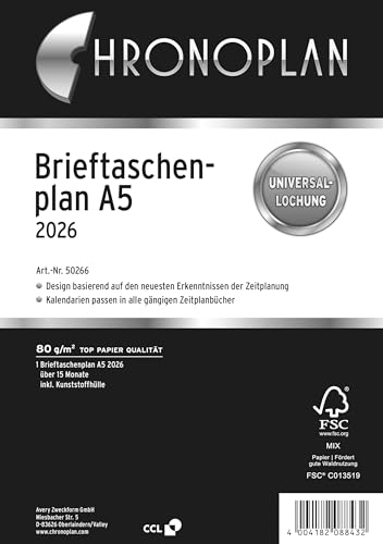 Chronoplan 50266 Kalendereinlage 2026 (Brieftaschenplan A5 (156x210mm) Ersatzkalendarium für Terminplaner, Monatsplaner für 15 Monate, 1 Monat auf 1 Seite zum Aufklappen, mit Universallochung) weiß von AVERY Zweckform