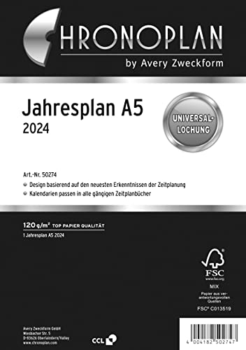 Chronoplan 50274 Kalendereinlage 2024, Jahresplan im A5 Format (148x210 mm), Ersatzkalendarium, ideal für übersichtliche Jahresplanung, Multilochung, zum Aufklappen (mit Leporello-Falzung), weiß von AVERY Zweckform