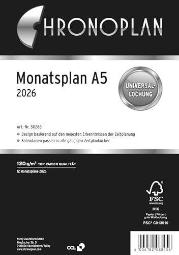 Chronoplan 50286 Kalendereinlage 2026 (Monatsplan A5 (148x210mm), Ersatzkalendarium für Terminplaner, Monatsplaner, für detaillierte Monatsplanung, 1 Monat auf 1 Seite, mit Universallochung) weiß von AVERY Zweckform