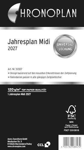 Chronoplan 50507 Kalendereinlage 2027 (Jahresplan Midi (96x172mm) Ersatzkalendarium für Terminplaner, für übersichtliche Jahresplanung, 1 Monat auf 1 Seite zum Aufklappen mit Leporello-Falzung) weiß von AVERY Zweckform