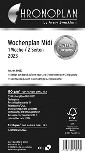 Chronoplan 50543 Kalendereinlage 2023, Wochenplan Midi in Spalten (96x172 mm), Ersatzkalendarium, ideal für detaillierte Wochenplanung, Universallochung (1 Woche auf 2 Seiten), weiß von AVERY Zweckform