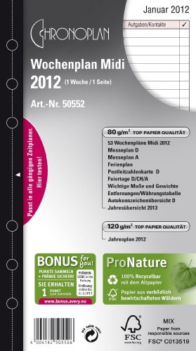 Chronoplan 50552 Kalendereinlage 2022, Wochenplan im Midi Format (96x172mm), Tage in Zeilen, Ersatzkalendarium, ideal für übersichtliche Wochenplanung, Universallochung (1 Woche auf 1 Seite), weiß von Avery Dennsion Zweckform