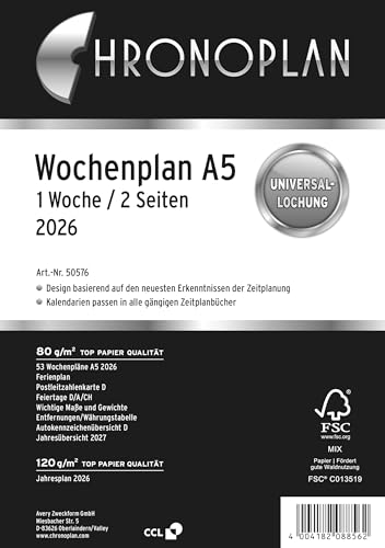 Chronoplan 50576 Kalendereinlage 2026 (Wochenplan A5 (148x210mm) Ersatzkalendarium für Terminplaner, ideal für detaillierte Wochenplanung, 1 Woche auf 2 Seiten in Zeilen, mit Universallochung) weiß von AVERY Zweckform