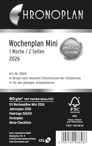 Chronoplan 50616 Kalendereinlage 2026 (Wochenplan Mini (79x125mm) Ersatzkalendarium für Terminplaner, ideal für detaillierte Wochenplanung, 1 Woche auf 2 Seiten in Zeilen, mit Universallochung) weiß von AVERY Zweckform