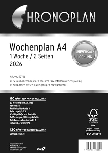 Chronoplan 50706 Kalendereinlage 2026 (Wochenplan A4 (210x297mm) Ersatzkalendarium für Terminplaner, ideal für detaillierte Wochenplanung, 1 Woche auf 2 Seiten in Spalten, mit Universallochung) weiß von Chronoplan