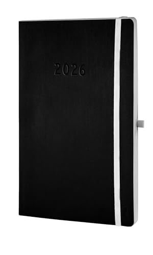 Chronoplan 50926 Buchkalender Kalendarium 2026 (Terminplaner A5 (135x210mm) mit Softcover, Wochenplaner, 1 Woche auf 2 Seiten, mit flexibler Stiftschlaufe, Einmerkband, Gummiverschluss) schwarz von AVERY Zweckform
