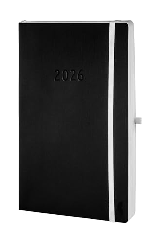 Chronoplan 50946 Buchkalender Kalendarium 2026 (Terminplaner A5 (135x210mm) mit Softcover, Tagesplaner, 1 Tag auf 1 Seite, mit flexibler Stiftschlaufe, Einmerkband, Gummiverschluss) schwarz von AVERY Zweckform
