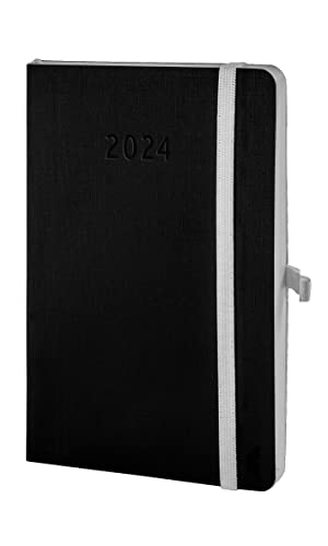 Chronoplan 50964 Buchkalender Kalendarium 2024 (Terminplaner A6 (95x140mm) mit Softcover, Wochenplaner, 1 Woche auf 2 Seiten, mit flexibler Stiftschlaufe, Einmerkband, Gummiverschluss) schwarz von AVERY Zweckform