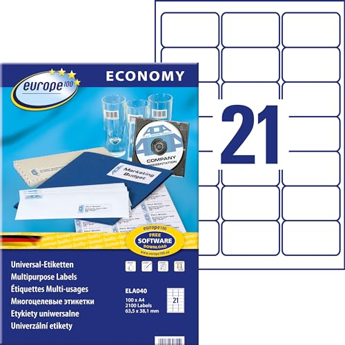 Europe100 Art. ELA040 Universal Etiketten (2.100 Klebeetiketten, 63,5x38,1mm auf A4, Papier matt, individuell bedruckbar, selbstklebende Aufkleber, kompatibel zu AVERY L6023REV-25) 100 Blatt, weiß von AVERY Zweckform