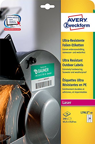 L7912-10 Ultra-Resistente Folien-Etiketten, 63,5 x 33,9 mm, 10 Blatt, 240 Etiketten, weiá L7912-10 Ultra-Resistente Folien-Etiketten, 63,5 x 33,9 mm, 10 Blatt, 240 Etiketten, weiá von AVERY Zweckform