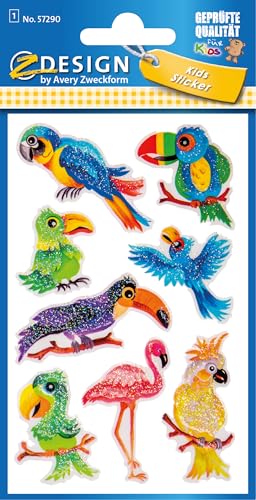 Z-Design AVERY Zweckform Glitter Sticker Vögel 8 Aufkleber (selbstklebende farbenfrohe Kindersticker zum Spielen, Basteln, Sammeln, für Freundschaftsbücher und Poesiealben) 57290, 16.1 x 8.5 x 0.2 cm von Z-Design