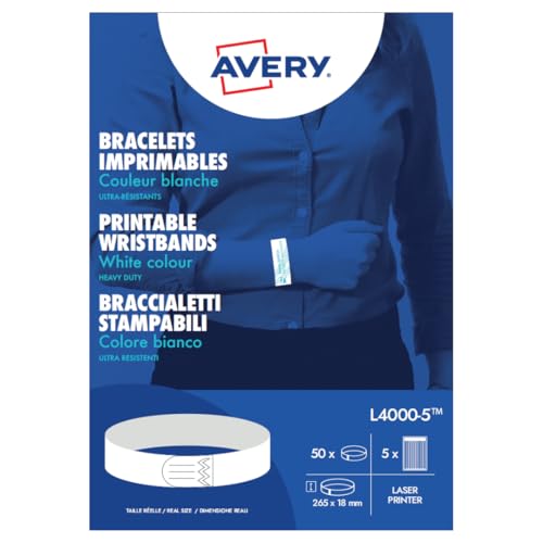 AVERY - Packung mit 50 weißen bedruckbaren Papierbändern, Polyester, Format 265 x 18 mm, Laserdruck (L4000-5) von Avery