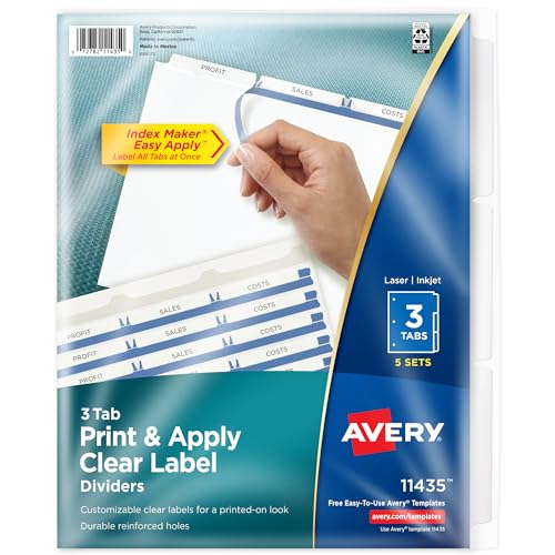 AVERY 3 Registerkarten für Ordner, einfaches Drucken und Auftragen, transparenter Etikettenstreifen, Register, weiße Tabs, 5 Sets (11435) von AVERY