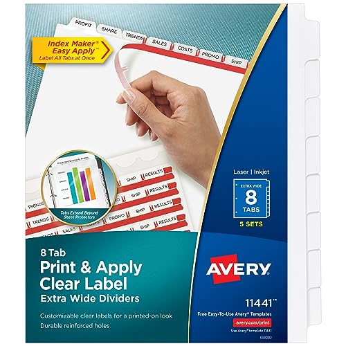 AVERY 8-Tab Extra Wide Binder Dividers, Easy Print & Apply Clear Label Strip, Index Maker,White, 5 Sets (11440) von AVERY