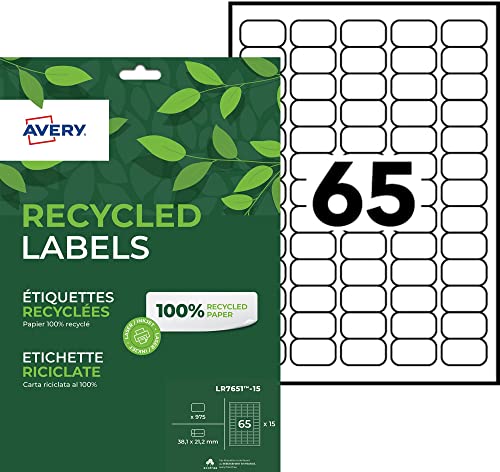 AVERY - 975 Etiketten, 100% recycelt, selbstklebend, individuell bedruckbar, Format 38,1 x 21,2 mm, Laser- und Inkjetdruck, (LR7651-15) von AVERY