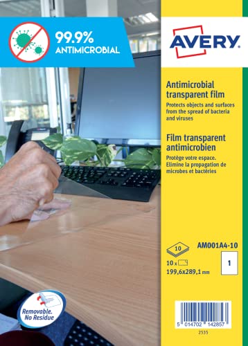 AVERY Antimikrobielle Folie, selbstklebende transparente Folie, 1 Etikett pro A4-Blatt, 10 Blatt pro Packung (AM001A4-10) von AVERY