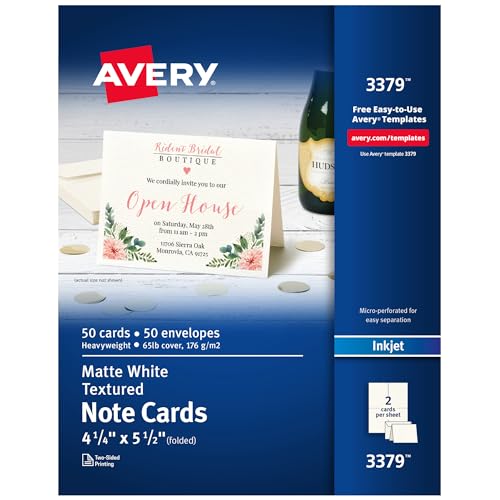 AVERY Bedruckbare Notizkarten mit Umschlägen, 10,8 x 14 cm, strukturiertes Weiß, 50 Blanko-Notizkarten für Tintenstrahldrucker (03379) von AVERY