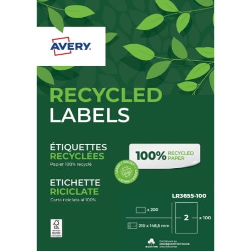 AVERY - Beutel mit 200 Etiketten aus 100% recyceltem Recyclingpapier, personalisierbar, bedruckbar, Format 210 x 148,5 mm, Laser- und Tintenstrahldruck (LR3655-100) von AVERY