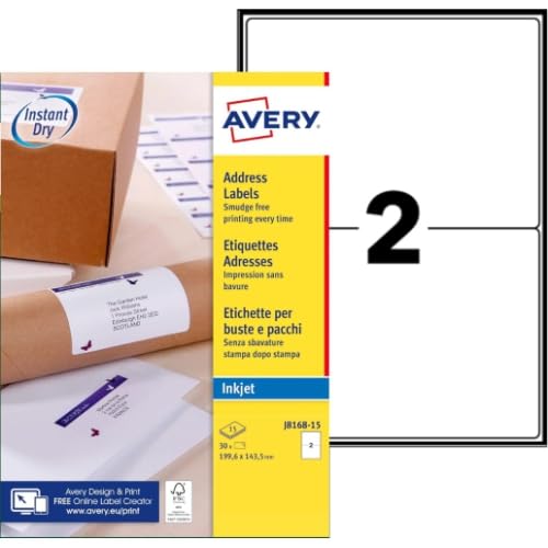 AVERY - Packung mit 30 weißen Versandetiketten, 199,6 x 143,5 mm, Tintenstrahldrucker (J8168-15) von AVERY