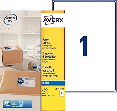 Avery 15 Etiketten für Tintenstrahldrucker, 199,6 x 289,1 mm, weiß (J8167-15) von AVERY
