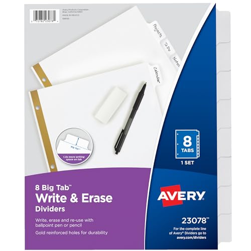 Avery 23078 Ordner-Trennblätter, mit 8 Registern, zum Schreiben und Löschen, Weiß, 1 Set von AVERY