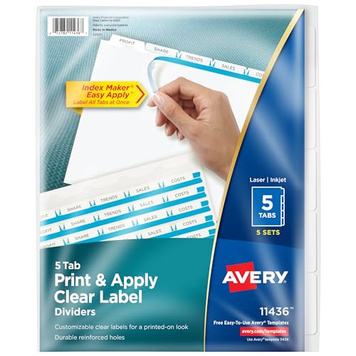 Avery 5 Registerkarten für Ordner, einfaches Drucken und Auftragen, transparenter Etikettenstreifen, Index-Maker, weiße Tabs, 10 Packungen (11436) von AVERY