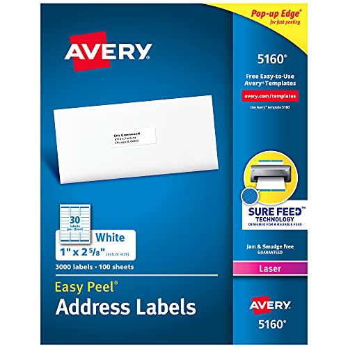Avery 5160 Easy Peel Address Labels, White, 1 x 2-5/8 Inch, 3,000 Count (Pack of 1) von AVERY