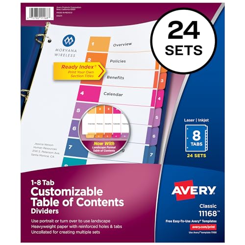 Avery 8-Tab Dividers for 3 Ring Binders, Customizable Table of Contents, Multicolor Tabs, 24 Sets (11168) von AVERY