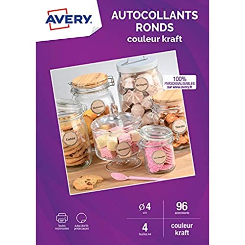 Avery 96 runde Aufkleber aus Kraftpapier, 100 % recycelt, personalisierbar, bedruckbar, Durchmesser 40 mm, Laserdrucker/Tintenstrahldrucker, von AVERY