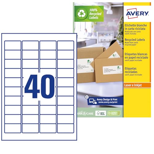 Avery - Avery LR7654-100 Adress-Etiketten, recycelt, weiß, 45,7 x 25,4 mm, 4000 Stück von AVERY