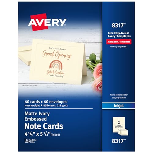 Avery Bedruckbare Notizkarten mit Umschlägen, 10,8 x 14 cm, elfenbeinfarben mit geprägtem Rand, 60 Blanko-Notizkarten für Tintenstrahldrucker (08317) von AVERY