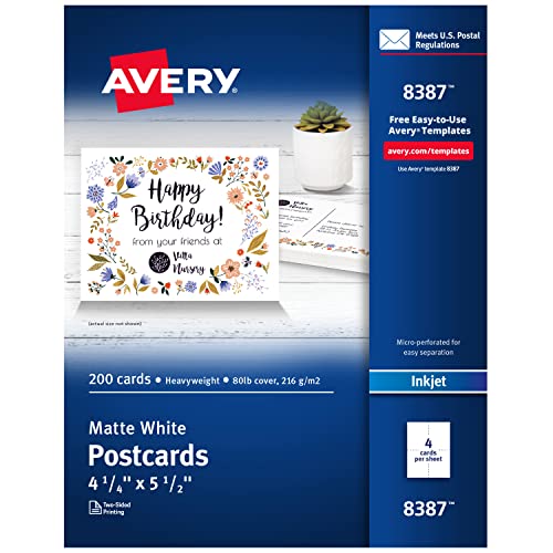 Avery Bedruckbare Postkarten für Tintenstrahldrucker, 10,8 x 14 cm, 200 leere Karten, ideal für Rezeptkarten und Lernkarten (8387) von AVERY