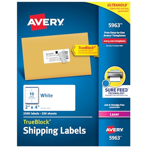 Avery Bedruckbare Versandetiketten mit Sicherheitszufuhr, 5,1 x 10,2 cm, anpassbare Aufkleber, weiß, 2.500 leere Versand-Etiketten, ideal für Versand, Versand und mehr (5963) von AVERY