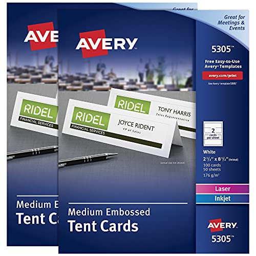 Avery Bedruckbare Zeltkarten mit Sure Feed Technologie, 6,3 x 21,6 cm, geprägte Bordüre, Laser/Tintenstrahl, 2er-Pack, 100 Karten pro Packung, insgesamt 200 Karten (25305) von AVERY