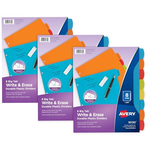 Avery Big Tab 21210 Trennblätter aus robustem Kunststoff, 8 Registerkarten, mehrfarbig, 3 Sets von AVERY