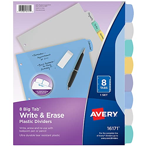 Avery Big Tab Write & Erase Durable Plastic Dividers for 3 Ring Binders, 8-Tab Sets, Pastel Multicolor, 24 Sets, 192 Divider Tabs (16171) von AVERY
