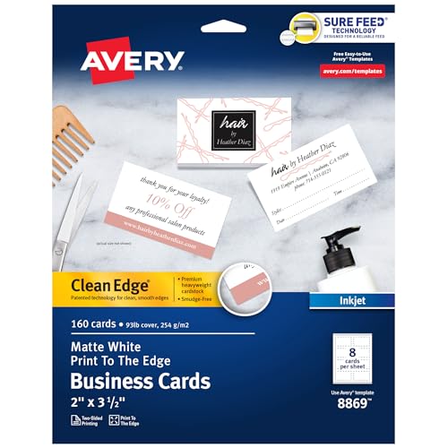 Avery Clean Edge Bedruckbare Visitenkarten mit Sure Feed Technologie, 5,1 x 8,9 cm, Weiß, 160 Blanko-Karten für Tintenstrahldrucker (08869) von AVERY