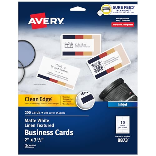 Avery Clean Edge bedruckbare Visitenkarten mit Sure Feed Technologie, 5,1 x 8,9 cm, weiße Leinenstruktur, 200 Blanko-Karten für Tintenstrahldrucker (08873) von AVERY
