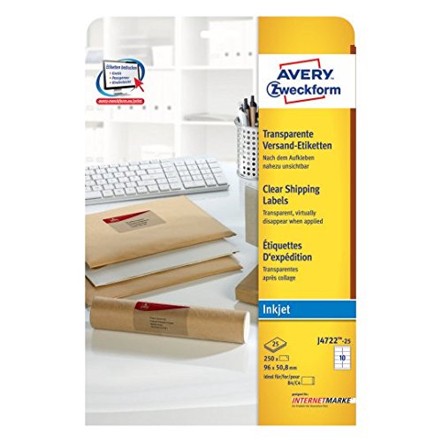 Avery J4722-25 selbstklebende Etiketten (transparent, rund, 96 x 50,8 mm, A4, Umschlag, Polyester) von AVERY