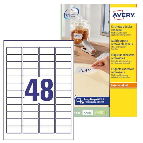 Avery L4736REV-25 Ablösbare Laseretiketten 48 pro Blatt 47,5 x 21,2 mm 1200 Etiketten weiß von AVERY