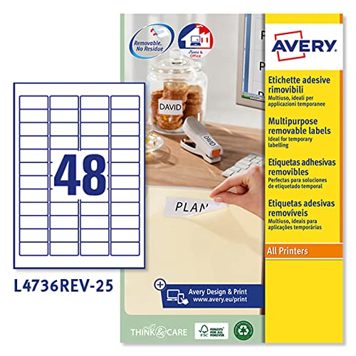 Avery L4736REV-25 Ablösbare Laseretiketten 48 pro Blatt 47,5 x 21,2 mm 1200 Etiketten weiß von AVERY