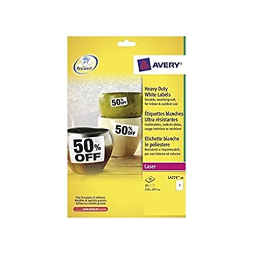 Avery L4775-20 – 20 Klebeetiketten, strapazierfähig, 210 x 297 mm, Weiß, Laserdruck Avery L4775-20 – 20 Klebeetiketten, strapazierfähig, 210 x 297 mm, Weiß, Laserdruck von AVERY