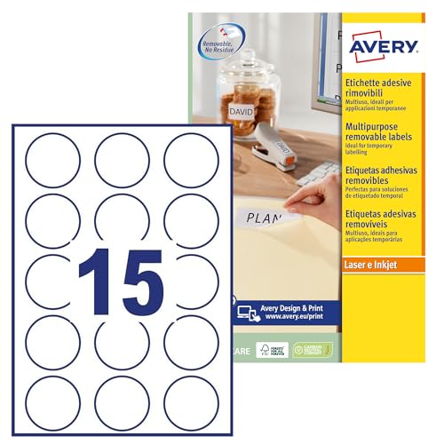 Avery L4853REV Selbstklebende, entfernbare runde Etiketten, alle Drucker, 15 Etiketten pro A4-Blatt, 375 Etiketten, weiß von AVERY