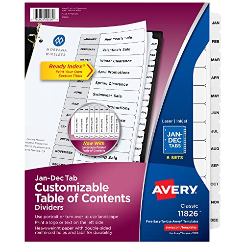 Avery Monatliche Trennblätter für 3 Ringbücher, anpassbares Inhaltsverzeichnis, mehrfarbig, 6 Sets (11830) von AVERY