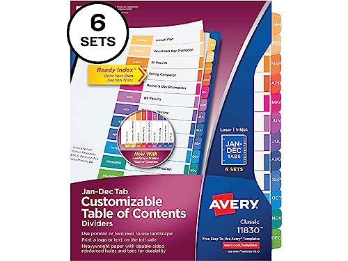 Avery Monatliche Trennblätter für 3 Ringbücher, anpassbares Inhaltsverzeichnis, mehrfarbig, 6 Sets (11830) von AVERY