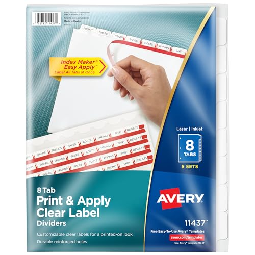 Avery Ordner-Trennblätter, 8 Register, einfaches Drucken und Auftragen, transparenter Etikettenstreifen, Register, weiße Register, 5 Sets (11437) von AVERY