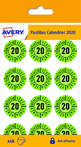 Avery – Packung mit 48 Tabletten Kalender 2020 + 12 Monate, bruchfestes Material, 25 mm Durchmesser (CAL20NP) Avery von AVERY