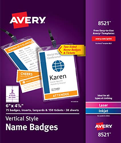 Avery Vertical Name Badges, 6" x 4.25", 75 Name Badges, Plastic Holders, Inserts and Lanyards and 150 Tickets Included (8521) von AVERY