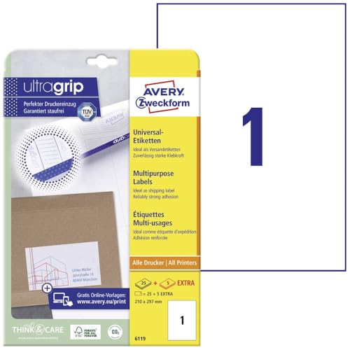 Avery-Zweckform 6119 Etiketten 210 x 297 mm Papier Weiß 30 St. Permanent Universal-Etiketten Tinte, Laser, Kopie 30 Bla Avery-Zweckform 6119 Etiketten 210 x 297 mm Papier Weiß 30 St. Permanent Universal-Etiketten Tinte, Laser, Kopie 30 Bla von AVERY