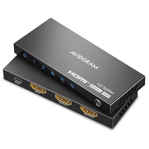 HDMI 2.1 Splitter 8K 60Hz, AVIDGRAM HDMI Splitter 1 in 2 Out mit Auto, Copy, Downscaler EDID Mode, 2 Port 4K 120Hz HDMI Duplicator unterstützt 8K 40Gbps für Xbox Series X PS4 Pro PS5 UHD TV Monitor von AVIDGRAM